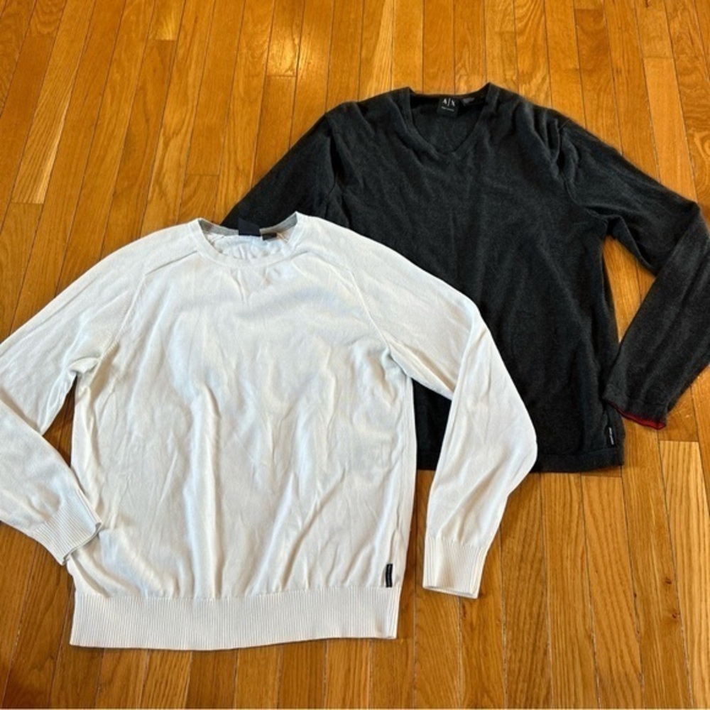 Lot Of 2 Armani Exchange AX Mens Large Pullover Lightweight Sweaters Gray White